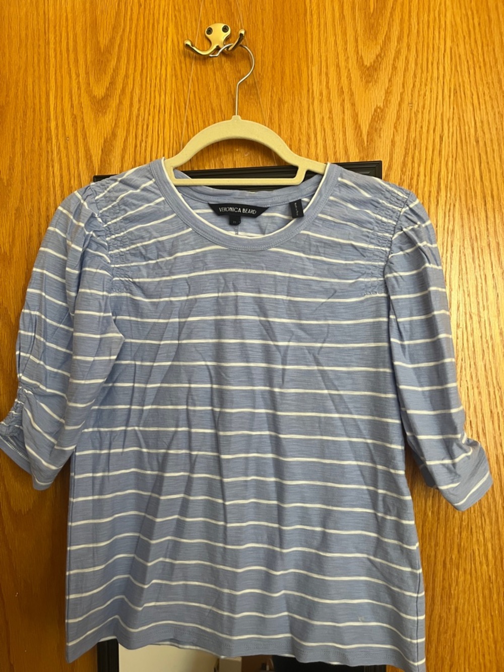 Veronica Beard Striped Blue Elbow Length Sleeve Puff Sleeve Top